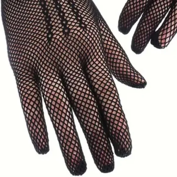Elegant Black Tight Knit Fishnet & Lace Ruffle Gloves W/A Cute Black Satin Bow - Picture 6 of 7